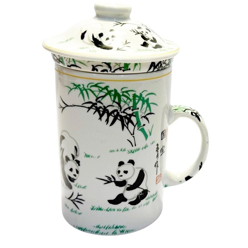 World Market Asian Bamboo Panda White Ceramic Tea Mug w/Lid & Infuser